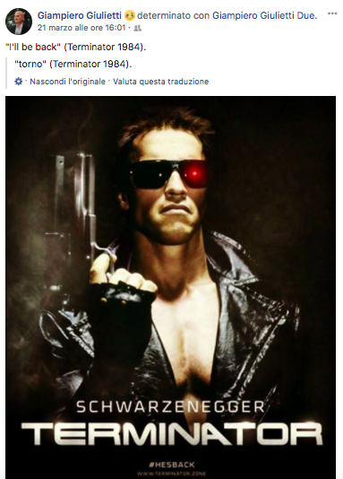 Il post su Facebook di Giampiero Giulietti 