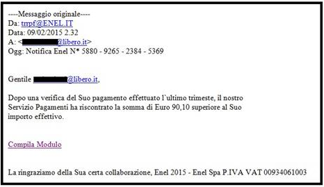Un esempio di mail truffa (foto Movimento Difesa del Cittadino)