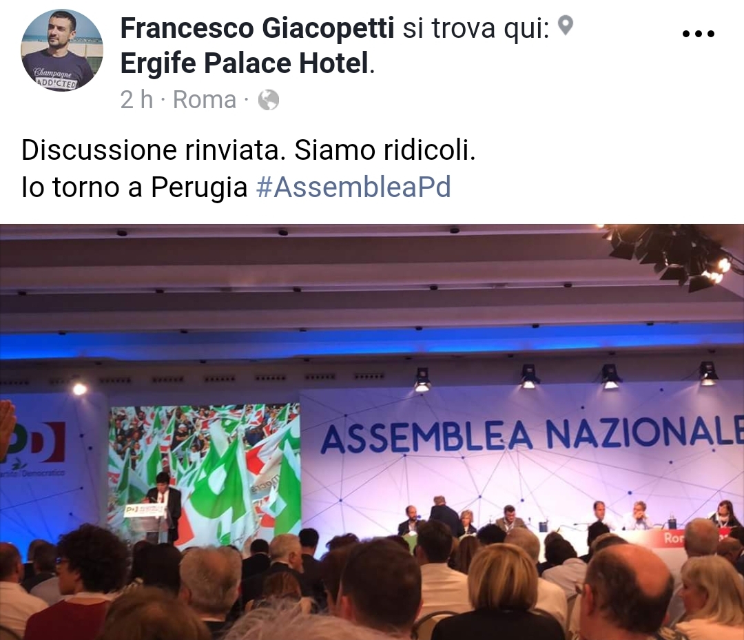 Il post di Giacopetti dall'Ergife sabato mattina (foto Facebook)