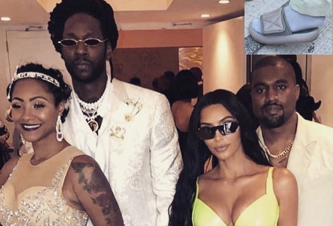 Un post di 2 Chainz su Instagram e nel riquadro le ciabatte di West