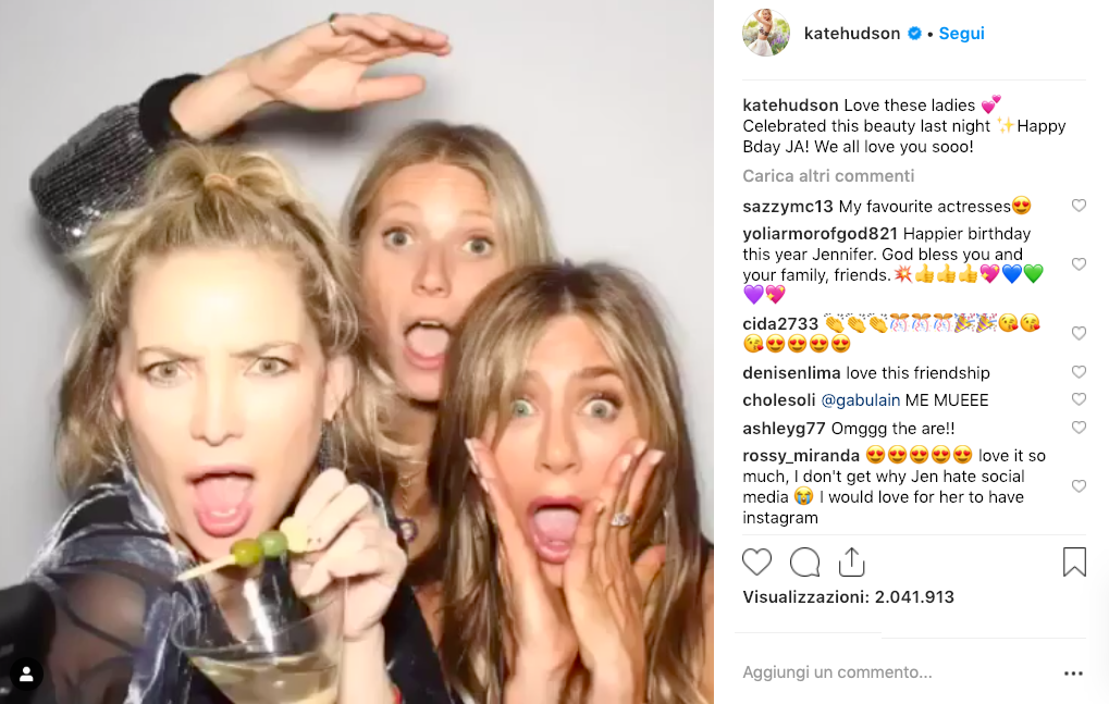 Kate Hudson, Gwyneth Paltrow e Jennifer Aniston (foto Instagram)