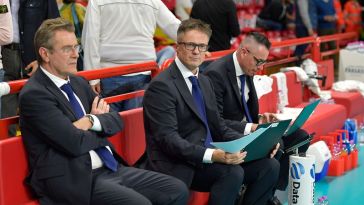 Angelo LORENZETTI, Massimiliano GIACCARDI, Andrea PIACENTINI durante Sir Susa Vim PERUGIA vs Farmitalia CATANIA, 1ª giornata girone di andata regular season Superlega Credem Banca - Campionato italiano di Pallavolo Maschile - Volley Volleyball presso PalaBarton Perugia IT, 22 ottobre 2023. [ID: 20231022/_MB53278] Foto: Michele Benda