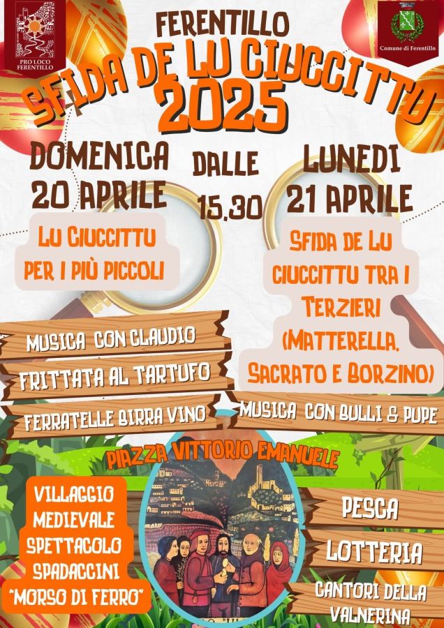 Manifesto dell'evento 'Sfida de Lu Ciuccittu' a Ferentillo con dettagli su date, attività e intrattenimento.