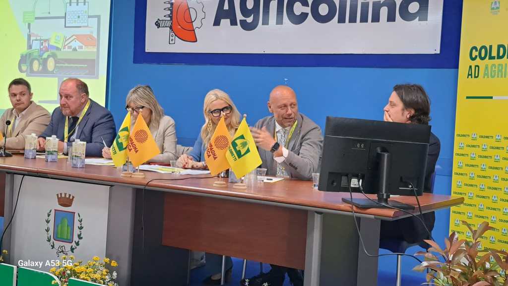 Presentazione al convegno di Agricollina con relatori dietro un tavolo, bandiere sul tavolo e proiezione su schermo.