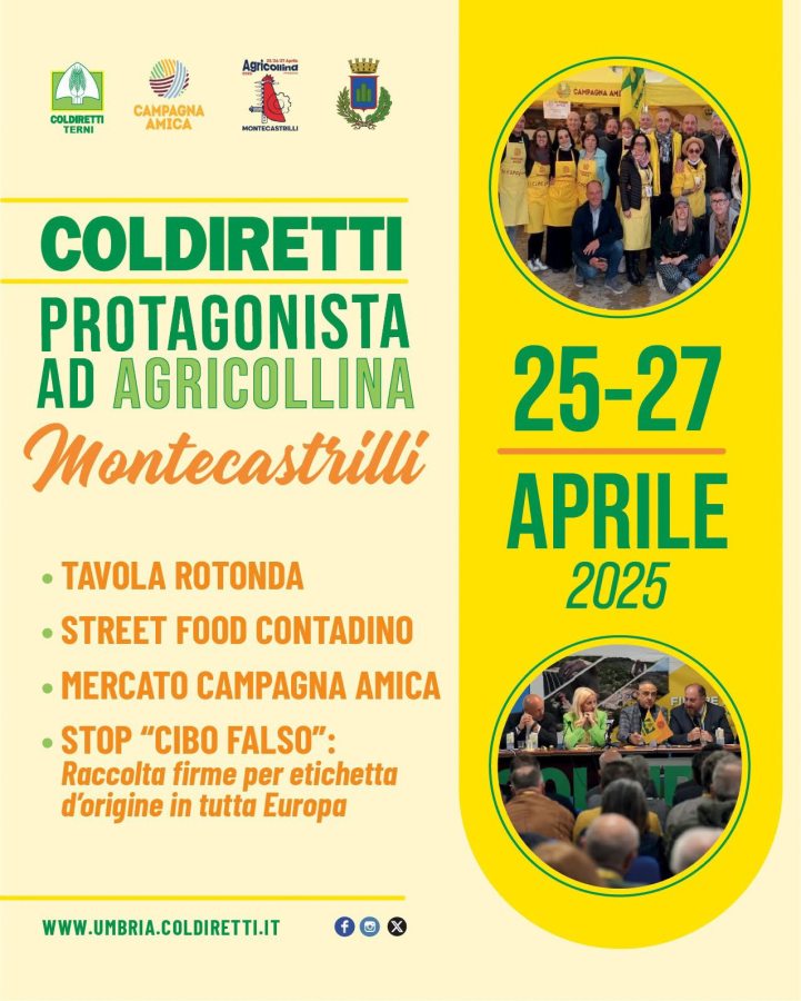 Locandina dell'evento Agricoltura e Sviluppo Rurale a Montecastrilli, con dettagli su Coldiretti e attività previste tra il 25 e il 27 aprile 2025.