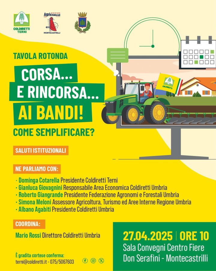 Poster for a round table discussion organized by Coldiretti Terni, titled 'Corsa e rincorsa ai bandi! Come semplificare?' featuring details about the event and speakers.