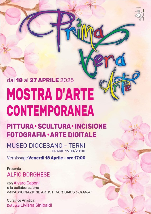 Locandina della mostra collettiva 'Prima-Vera-Arte-2' al Museo Diocesano di Terni, dal 18 al 27 aprile 2025, con elementi grafici floreali e informazioni sull'evento.