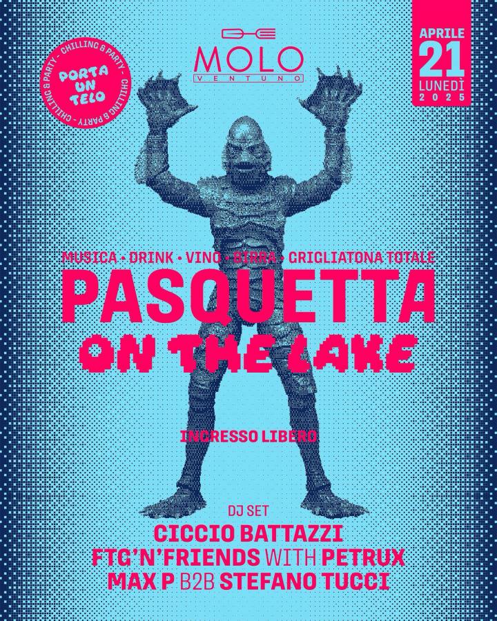 Poster for 'Pasquetta on the Lake' event at Molo21, featuring a stylized creature illustration, details about music, drinks, and BBQ, along with a DJ set list.