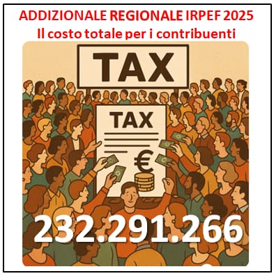 Illustrazione che rappresenta un'assemblea di contribuenti in relazione all'addizionale regionale IRPEF 2025, con il titolo "TAX" e il costo totale di 232.291.266 euro ben visibile.