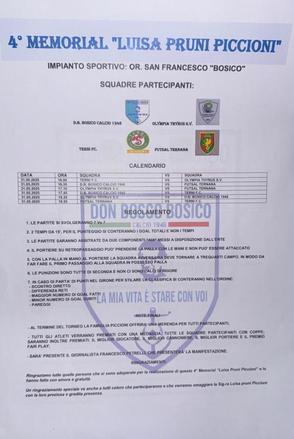 Volantino del 4° Memorial 'Luisa Pruni Piccioni', torneo di calcio giovanile, con dettagli su partecipanti, calendario e regolamento.