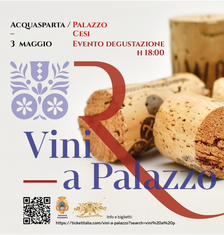 Un volantino per l'evento 'Vini a Palazzo' che si tiene il 3 maggio a Palazzo Cesi, Acquasparta. Presenta tappi di sughero e dettagli sull'evento, tra cui orario e QR code per ulteriori informazioni.