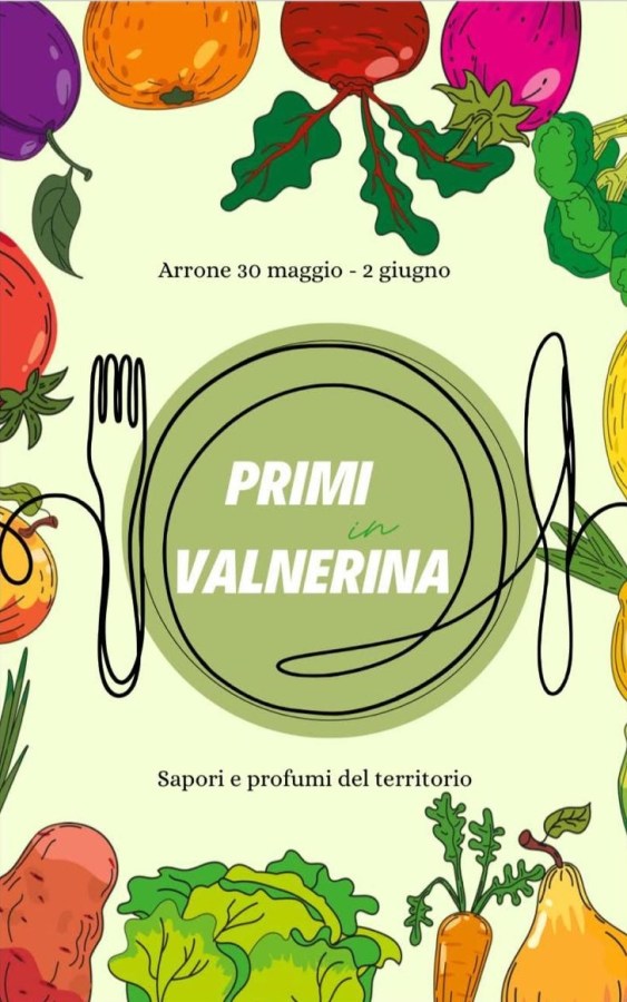 Poster for 'Primi in Valnerina' featuring colorful illustrations of various vegetables surrounding the event name and dates, highlighting local flavors and culinary traditions.