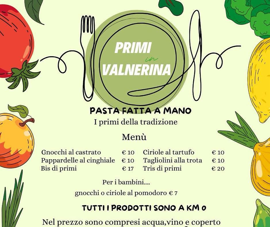 Menu for 'Primi in Valnerina' featuring handmade pasta dishes, including gnocchi al castrato and pappardelle al cinghiale, with prices listed.