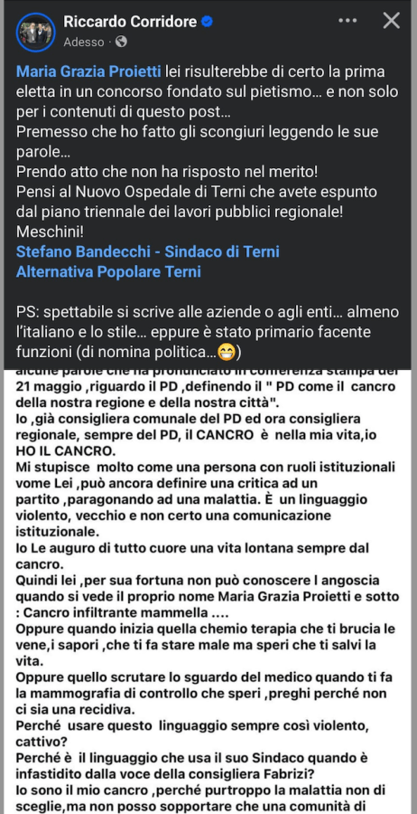 Screenshot of a Facebook post discussing local political issues in Terni, Italy, featuring comments about politicians and public health.