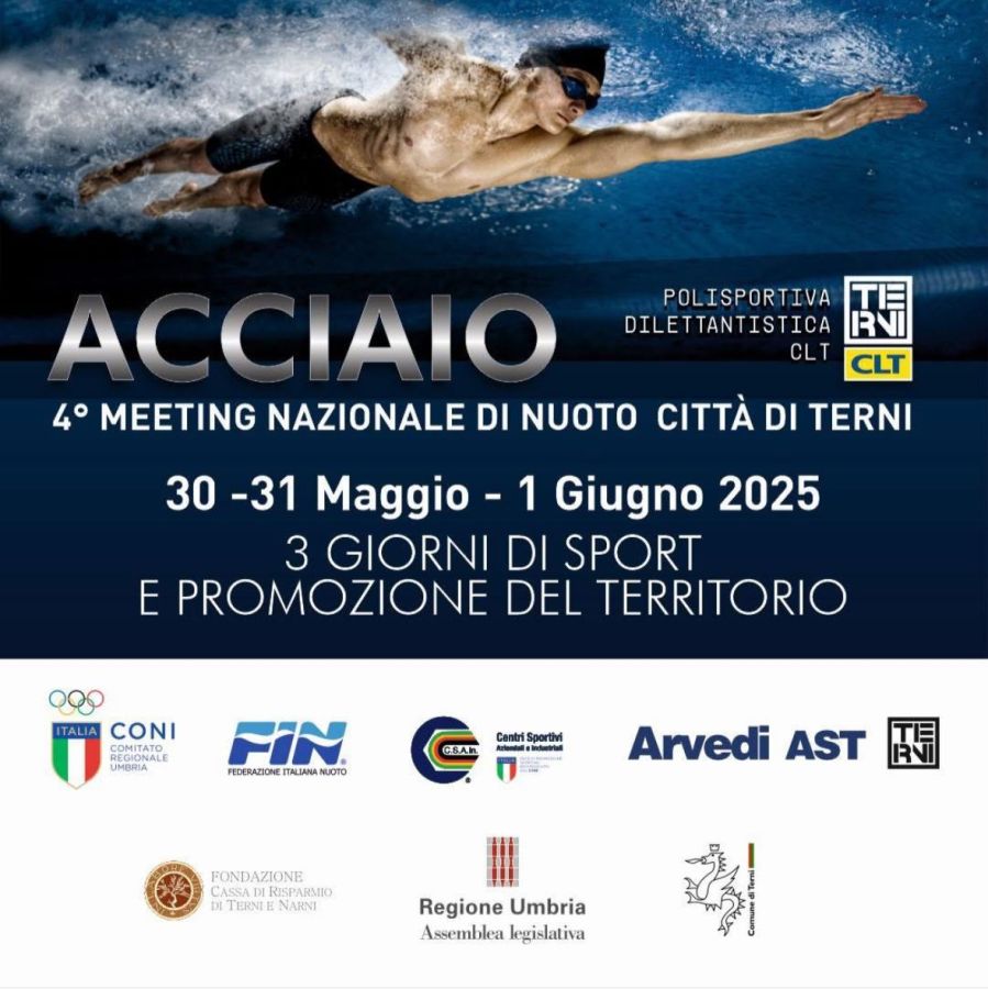 Manifesto del 4° meeting nazionale di nuoto città di Terni, evento 'Acciaio', con un nuotatore in azione e dettagli sull'evento.