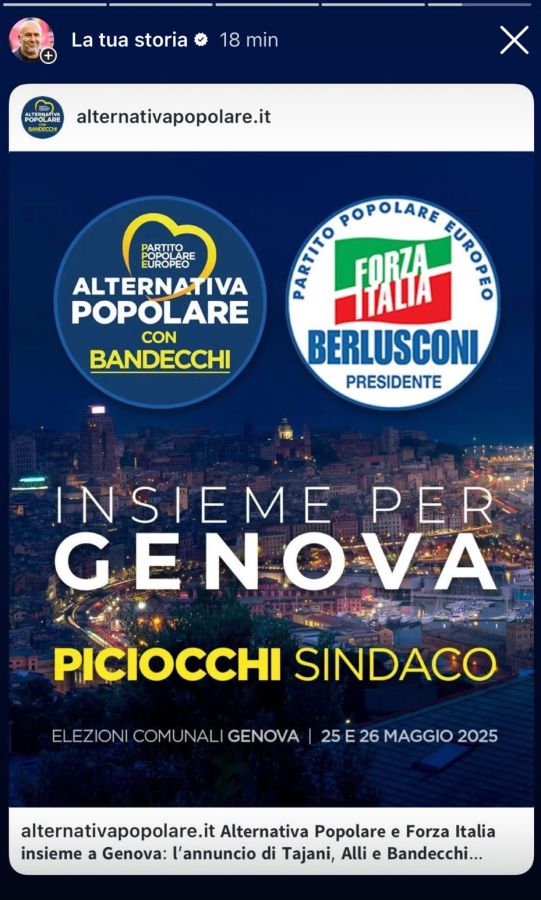 Campaign poster for local elections in Genoa, promoting Alternativa Popolare and Forza Italia with a focus on candidate Piciocchi. Includes election dates of May 25 and 26, 2025.