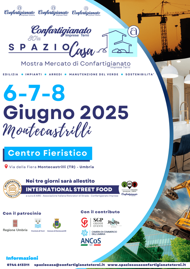 Poster for the 'Spazio Casa' event showcasing dates, location, and activities like street food and workshops in Montecastrilli.