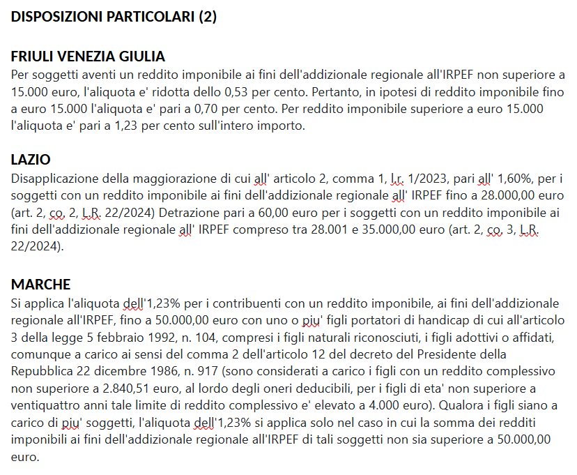 Documento che descrive le disposizioni particolari riguardanti l'aliquota dell'addizionale regionale IRPEF per diverse regioni italiane, inclusi Friuli Venezia Giulia, Lazio e Marche.