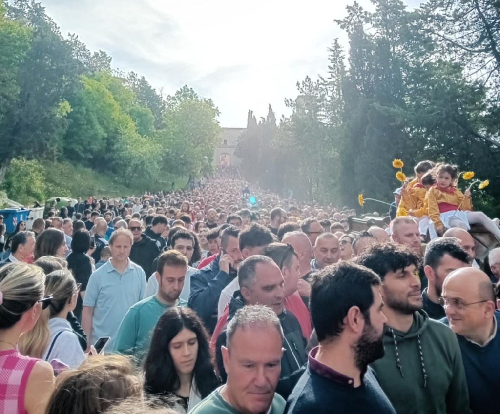 Una folla densa di persone durante la tradizionale festa dei Ceri a Gubbio, con i partecipanti che si dirigono verso la basilica di Sant'Ubaldo. Alcuni bambini sono seduti su una struttura ed hanno in mano fiori gialli.
