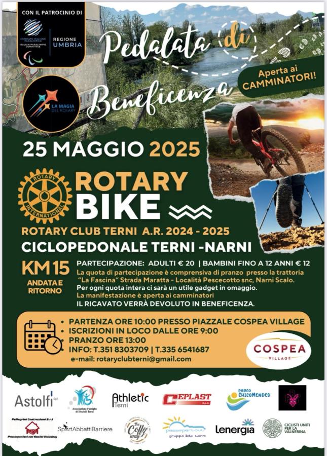 Poster for the Rotary Bike event, featuring details about a charity bike ride on May 25, 2025, along the Terni-Narni bike path, with participation costs and meal information.