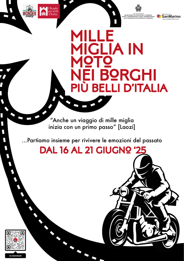 Poster promozionale per la Mille Miglia in Moto, con la grafica di una moto e dettagli sull'evento che si svolgerà dal 16 al 21 giugno 2025.