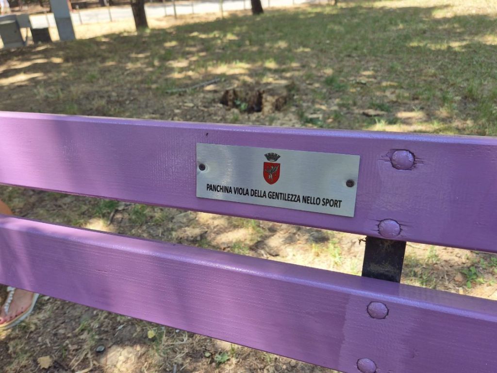 Dettaglio di una panchina viola con una targa che recita 'PANCHINA VIOLA DELLA GENTILEZZA NELLO SPORT', posizionata in un'area verde.