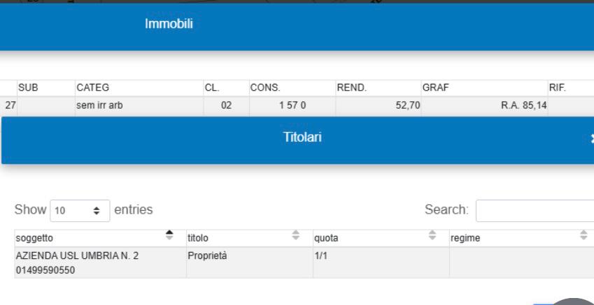Tabella dei dati catastali relativa a un immobile, con intestazione che mostra informazioni su categoria, consistenza, rendita e proprietario.