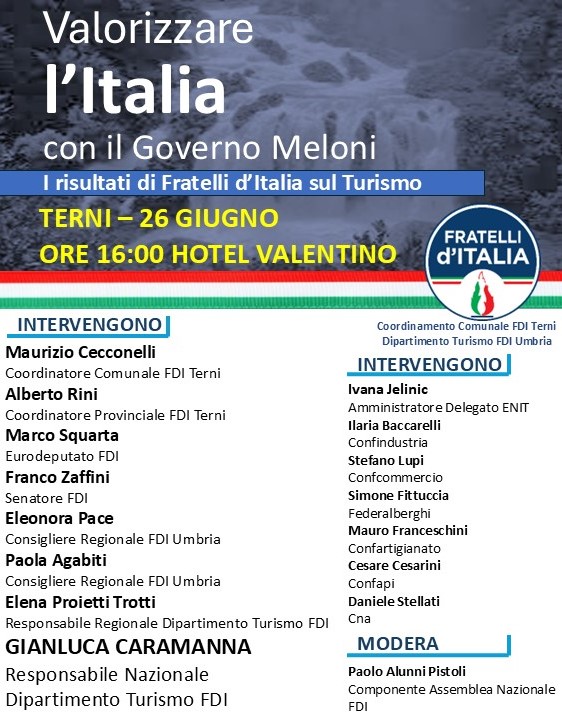 Event flyer for a Fratelli d'Italia meeting in Terni, focusing on tourism results with a list of speakers and moderators.