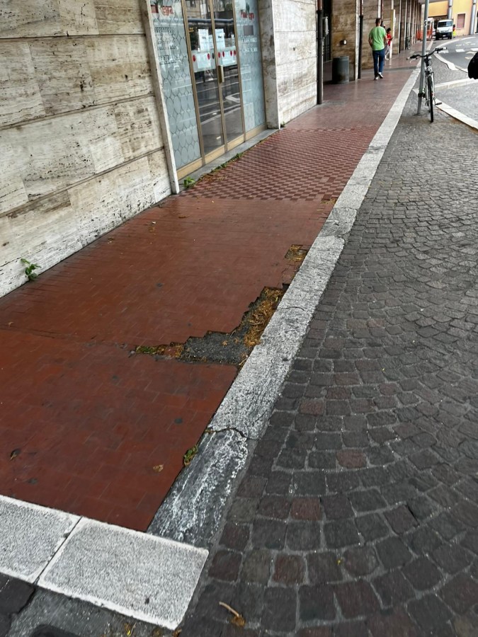 A sidewalk with cracked red tiles and gray stone edging, showing some vegetation. A person in green clothing is walking in the background, and a bicycle is parked nearby.