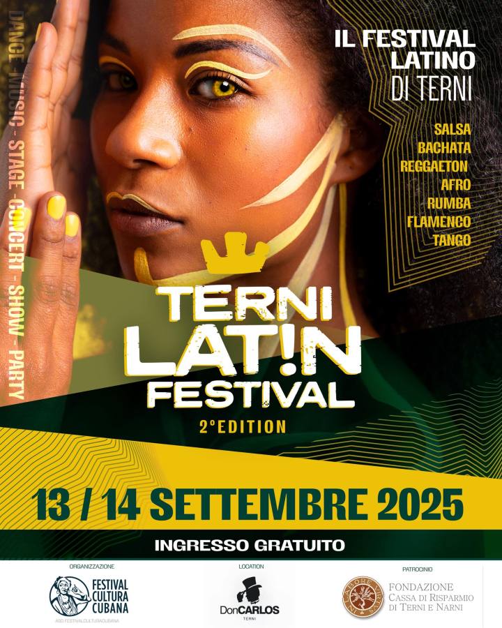 Poster for the Terni Latin Festival featuring a woman with artistic face paint and the event details including date, location, and dance styles.
