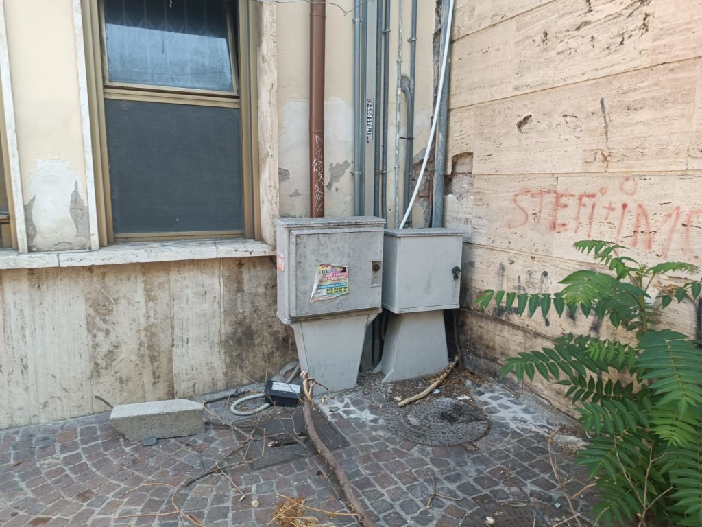 A view of an urban alley featuring two electrical boxes next to a weathered building. Nearby, there is a small green plant, debris on the ground, and exposed wiring on the wall.