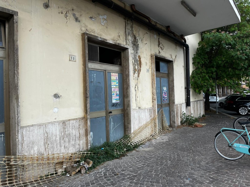 Facade of an old building with weathered walls, two doors, and partially obscured windows. There is a blue bicycle parked nearby and some overgrown vegetation along the base of the building.