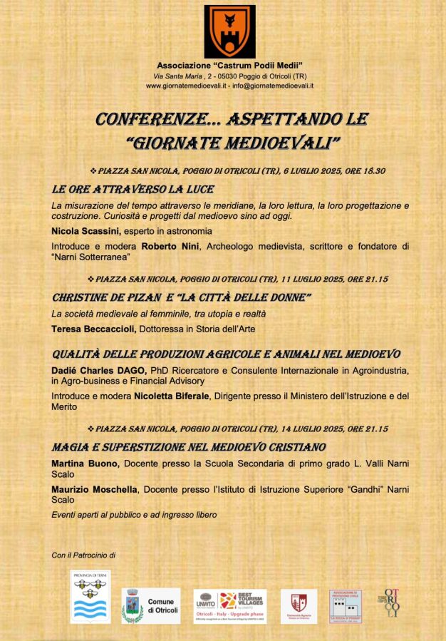 Locandina della XVIII edizione delle Giornate Medioevali a Poggio di Otricoli, con informazioni su conferenze in Piazza San Nicola riguardanti il medioevo, astrometria, Christine De Pizan e superstizioni.