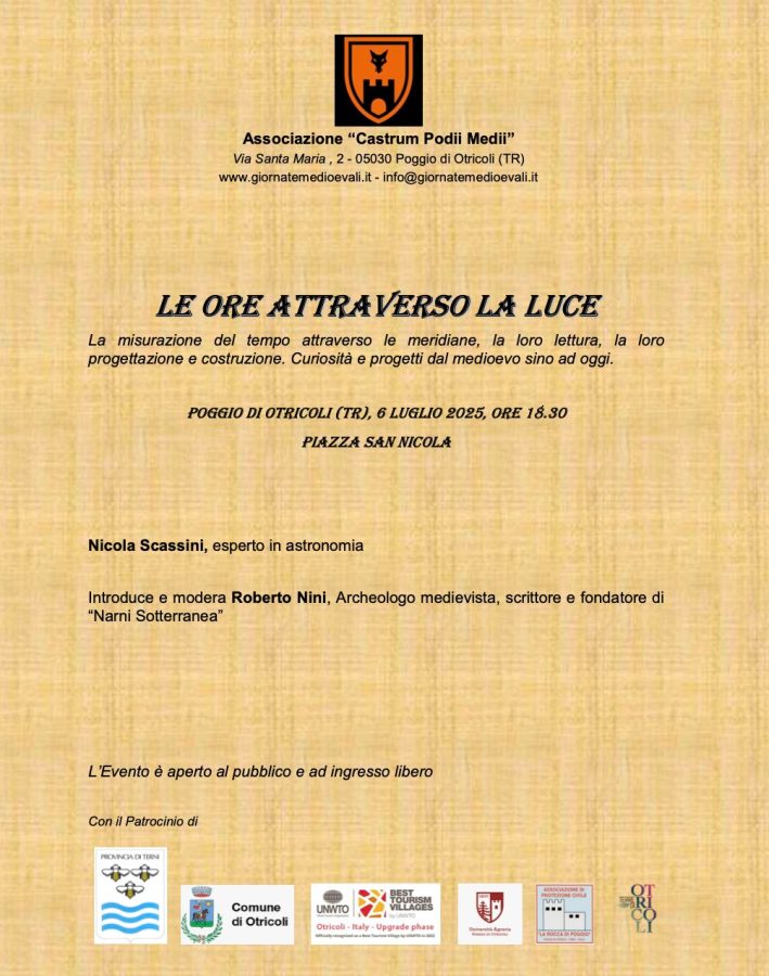 Poster for the event 'Le ore attraverso la luce' featuring details about a conference on time measurement in the Middle Ages, hosted by Nicola Scassini and introduced by Roberto Nini at Piazza San Nicola in Poggio di Otricoli.