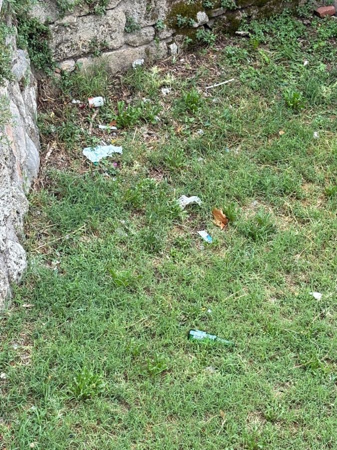 A patch of grass littered with various pieces of trash, including a green bottle, near a stone wall covered in moss.