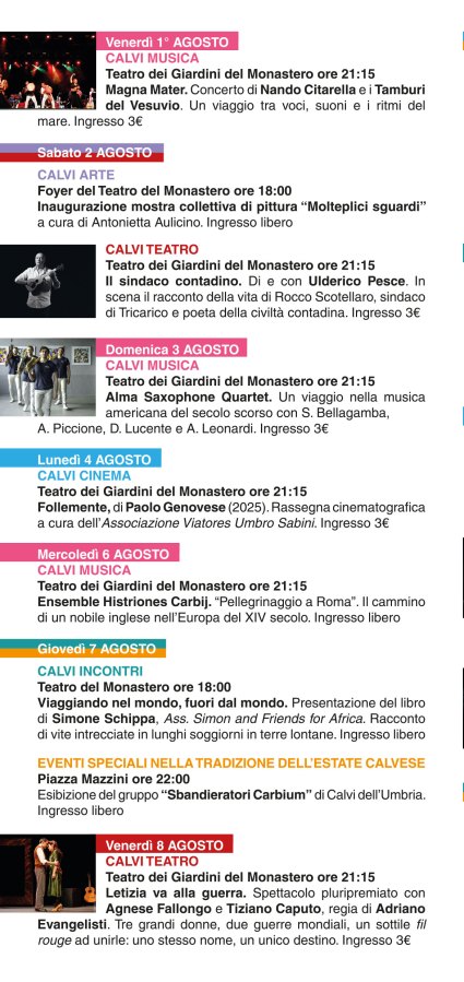 Programma del Calvi Festival con eventi di teatro, musica e cinema, in Italia.