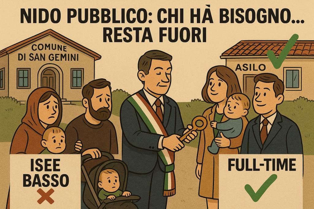Illustrazione che critica la graduatoria per l'ammissione all'asilo nido a San Gemini, mostrando un consigliere comunale che consegna una chiave a una famiglia mentre una coppia con bambini rappresenta coloro che non riescono ad accedere a causa di un ISEE basso.