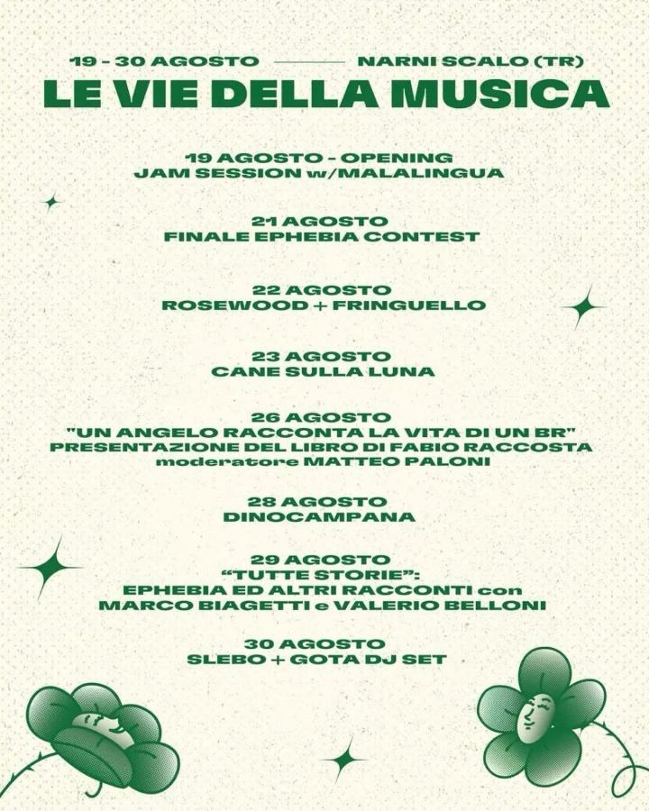 Manifesto dell'evento "Le Vie della Musica" che si svolge a Narni Scalo dal 19 al 30 agosto, con un elenco di attività programmate per ogni giorno.