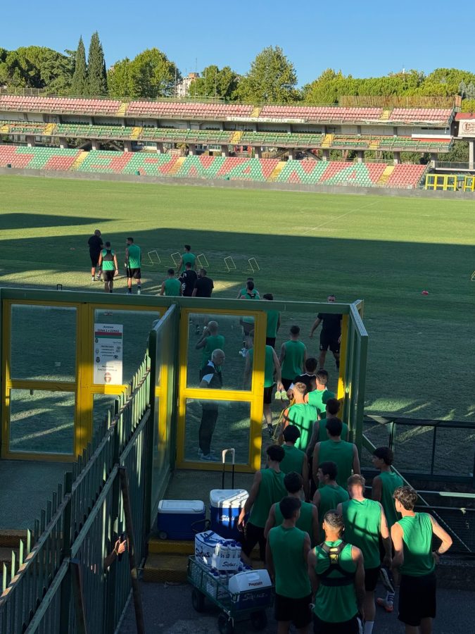 Giocatori della Ternana in maglietta verde entrano in campo per l'allenamento allo stadio Libero Liberati, con tribune semivuote sullo sfondo.