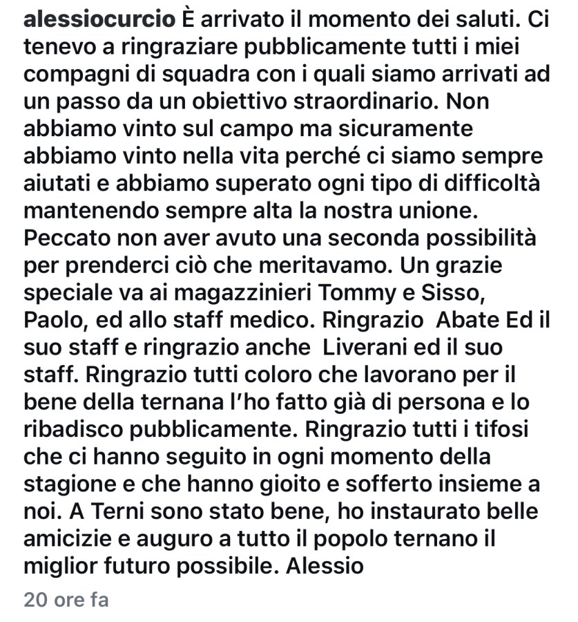 Post di Alessandro Curcio che ringrazia i compagni di squadra e lo staff alla conclusione della sua esperienza calcistica a Terni.