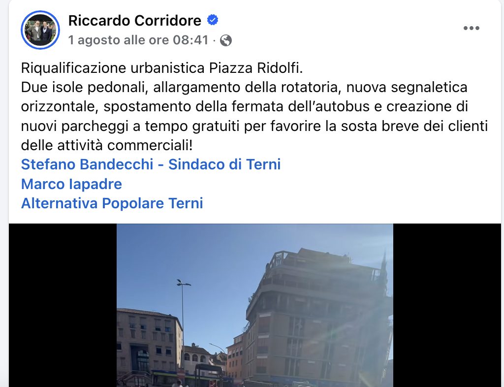 Urban redevelopment in Piazza Ridolfi, showcasing new pedestrian islands, expanded roundabout, updated signage, and the creation of free parking for customers of commercial activities.