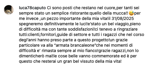 Un post su Instagram del proprietario del ristorante L'Acciuga, Luca Caputo, che annuncia la chiusura del ristorante a fine mese, mantenendo una stella Michelin.