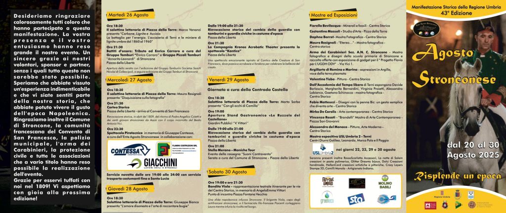 A promotional brochure for the 'Agosto Stronconese' historical event, detailing the schedule, activities, and exhibitors from August 20 to 30, 2025, in Stroncone, Italy.