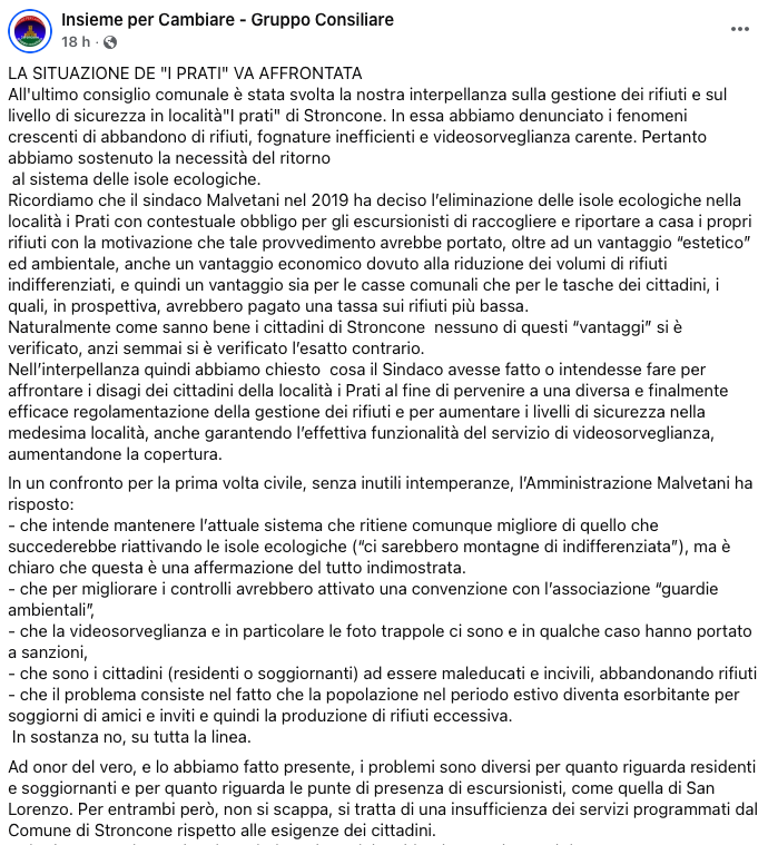 Screenshot di un post Facebook da parte di un gruppo consiliare che discute questioni relative alla gestione dei rifiuti e alla sicurezza a Stroncone.