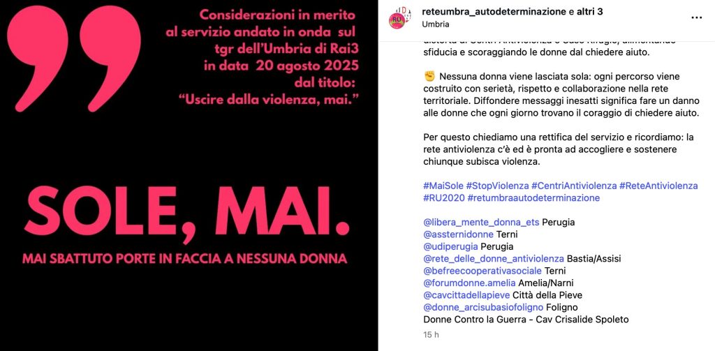 Post social che discute il servizio televisivo sul supporto alle donne vittime di violenza, evidenziando che nessuna donna è lasciata sola e il messaggio è di accoglienza e supporto.