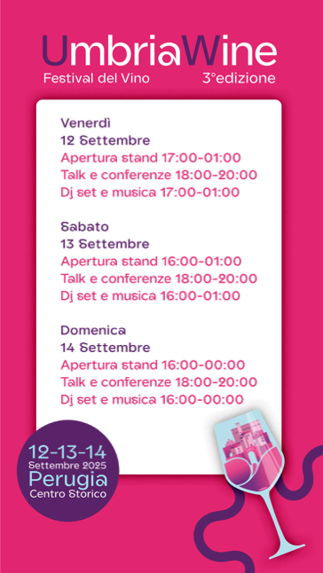 Grafica promozionale per il Festival del Vino 'UmbriaWine', con dettagli sugli orari di apertura degli stand e degli eventi musicali, in programma dal 12 al 14 settembre 2025 a Perugia.