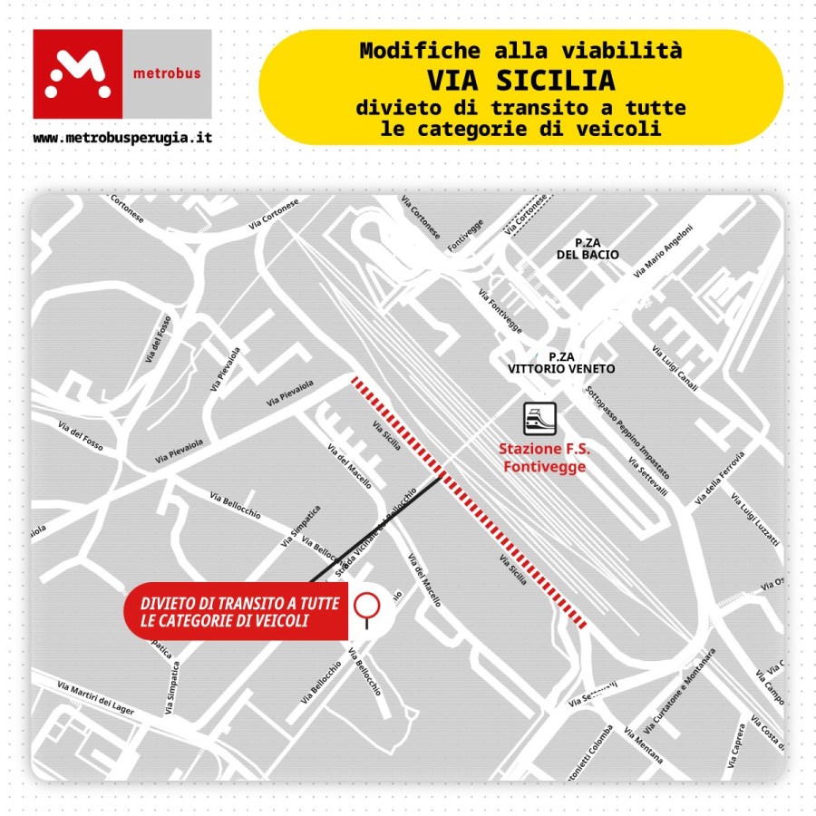 Mappa di Perugia con indicazioni sulle modifiche alla viabilità in via Sicilia, evidenziando il divieto di transito per tutti i veicoli.
