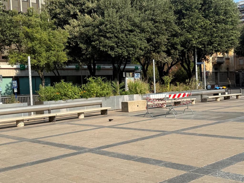 A spacious urban area with benches, barricades, and lush trees in the background, showing a tranquil scene with no people.