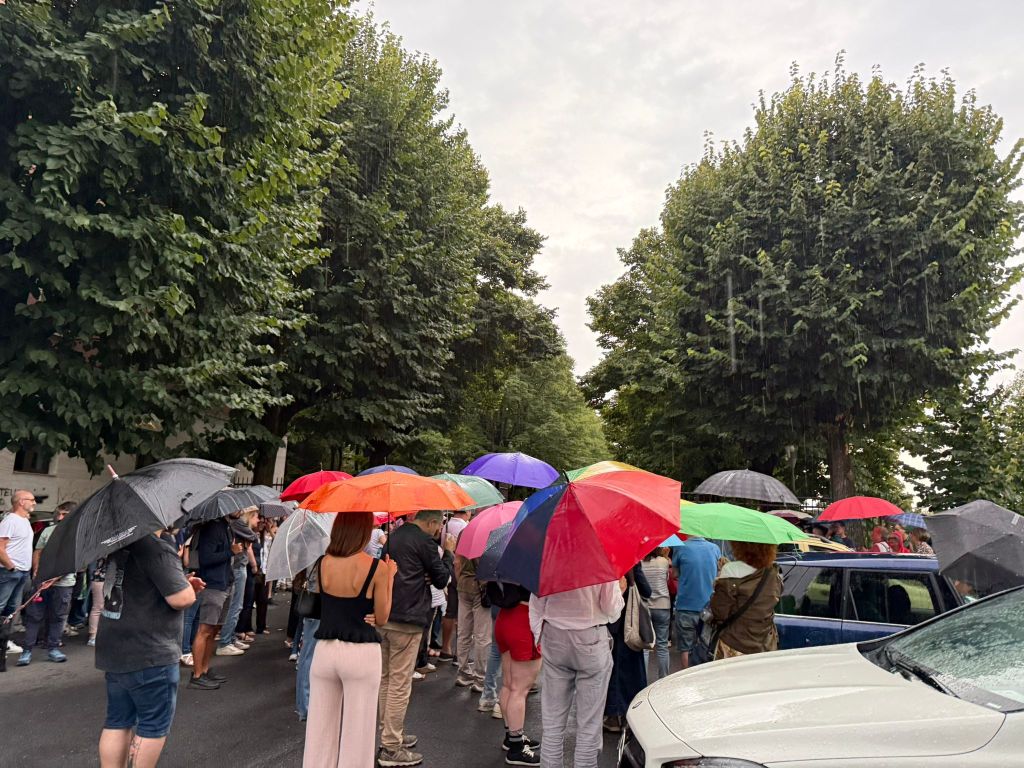 A crowd of people holding colorful umbrellas is gathered under trees in a rainy setting.