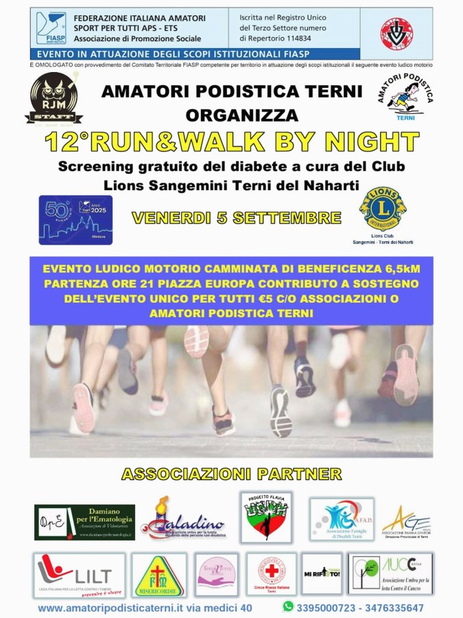 Manifesto dell'evento di corsa e camminata di beneficenza di 6,5 km organizzato dagli Amatori Podistica Terni, con informazioni su screening del diabete e dettagli sulla manifestazione.